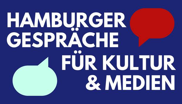 Farbige Grafik mit Text Hamburger Gespräche für Kultur & Medien mit zwei stilisierten Sprechblasen