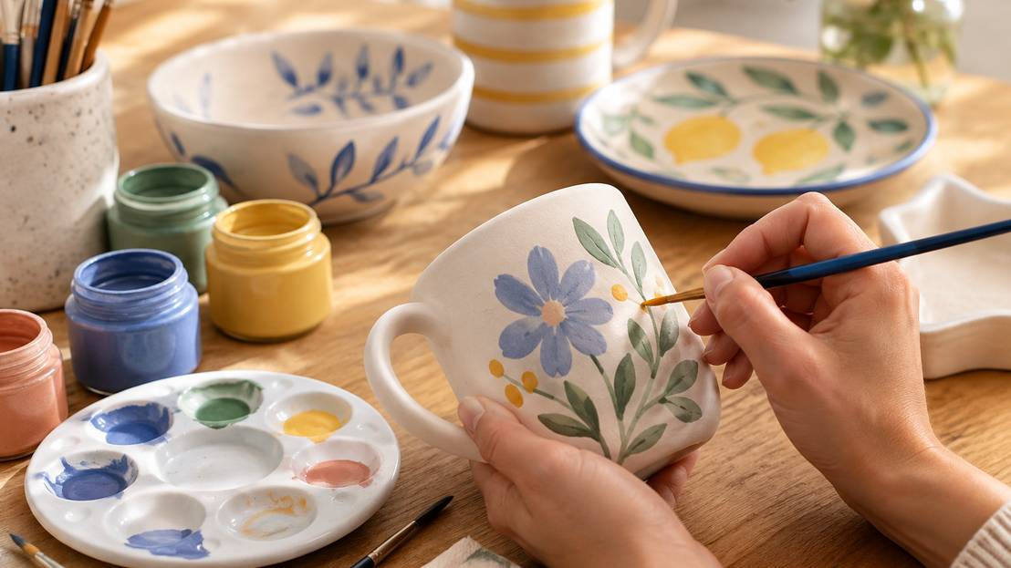 Eine Person bemalt eine weiße Keramiktasse mit floralen Mustern