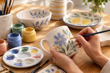 Eine Person bemalt eine weiße Keramiktasse mit floralen Mustern in Blau, Grün und Gelb. Auf dem Holztisch stehen Farbtöpfchen, Pinsel und eine Farbpalette; im Hintergrund liegen weitere handbemalte Keramikstücke.