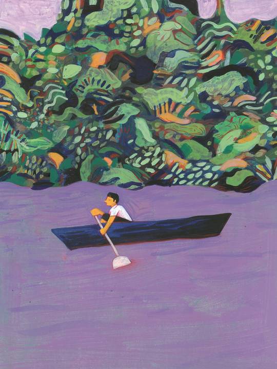 Malerei von Andrés Munoz Claros: Person in einem Ruderboot auf lila Fluss vor Urwald